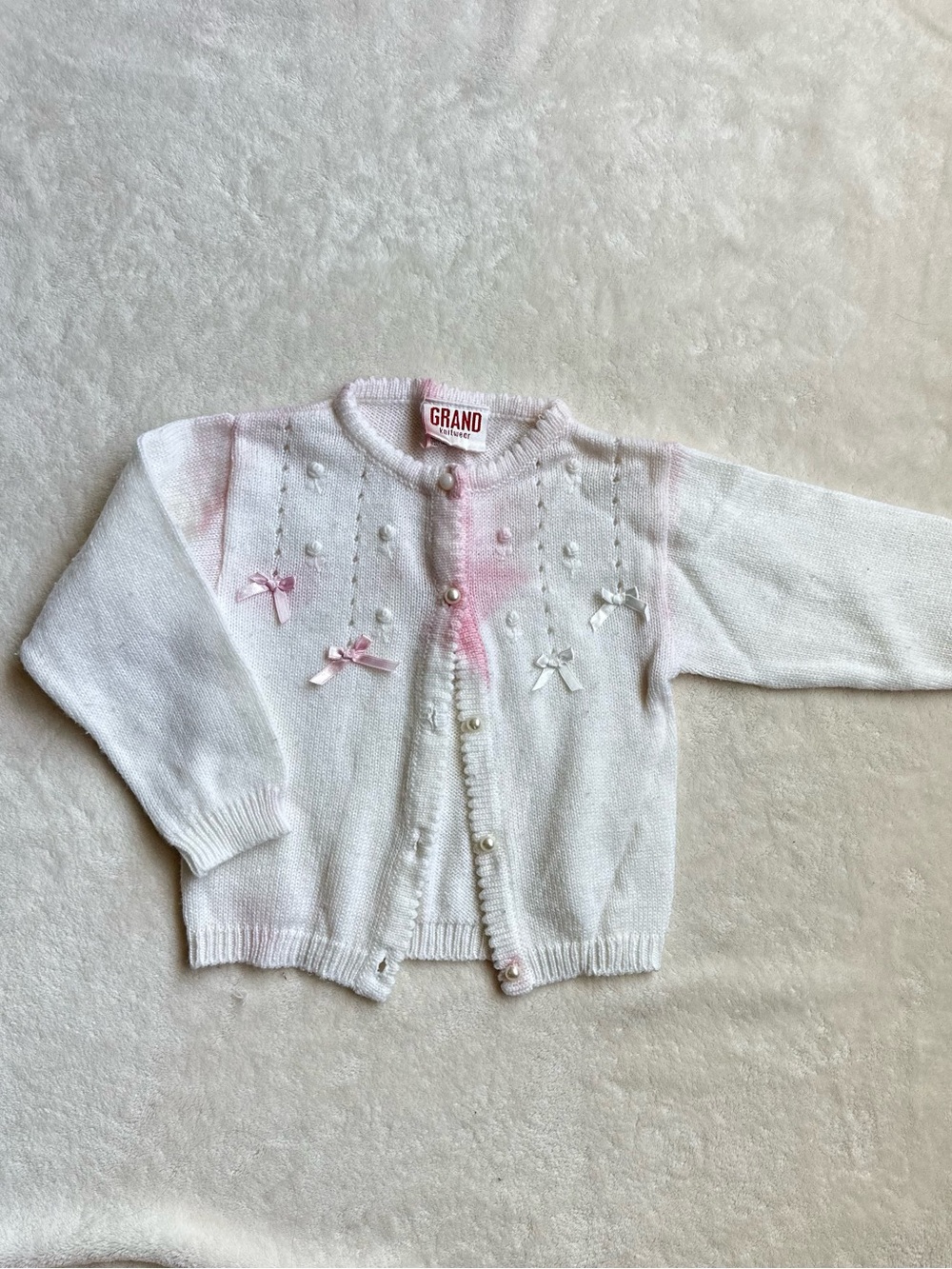 Vintage‎ Baby Girls Cardigan White & Pink with Bow Accents Size 3T